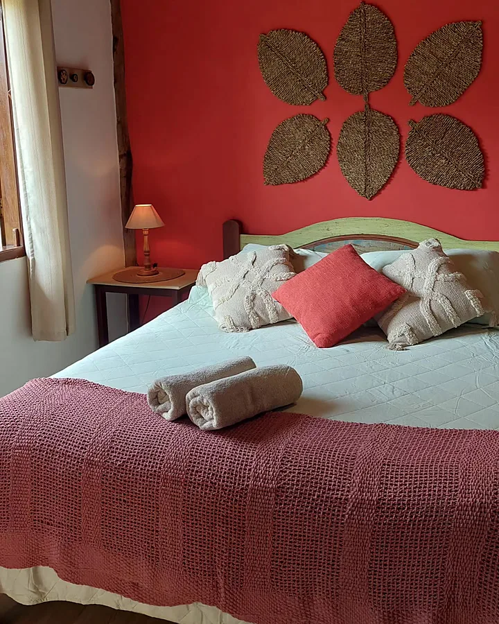 Apartamento com parede verde, cabeceira de madeira e cestos decorativos